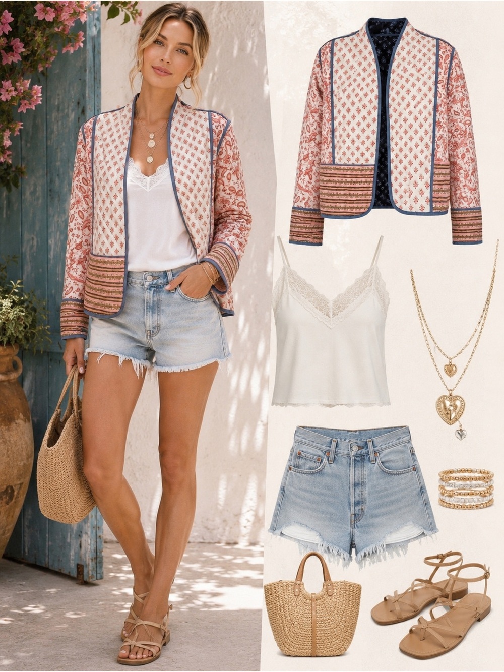 Reversible Quilted Floral Jacket Boho Patchwork Lightweight Coat- 2 in 1